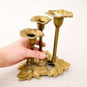 Brass Candlestick Floral ~Leaf, 3 Flame Candle Holder Art Nouveau - Patina MCM